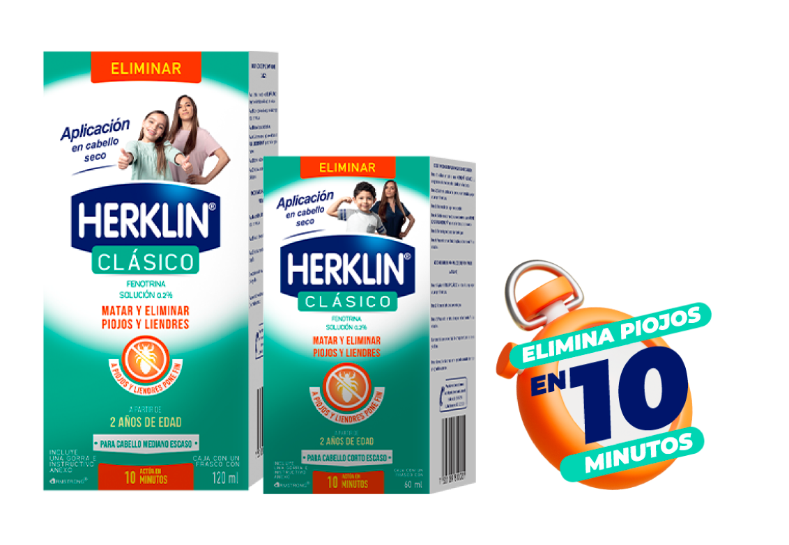Línea Herklin Clásico: dos empaques de tratamiento junto al sello Elimina piojos en 10 minutos.