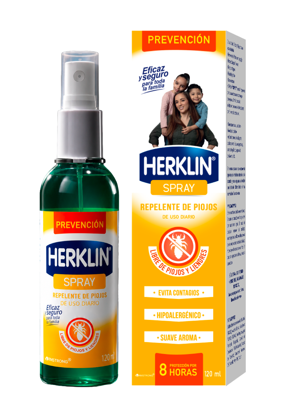 Herklin Spray de prevención: frasco y empaque con ocho horas de protección.
