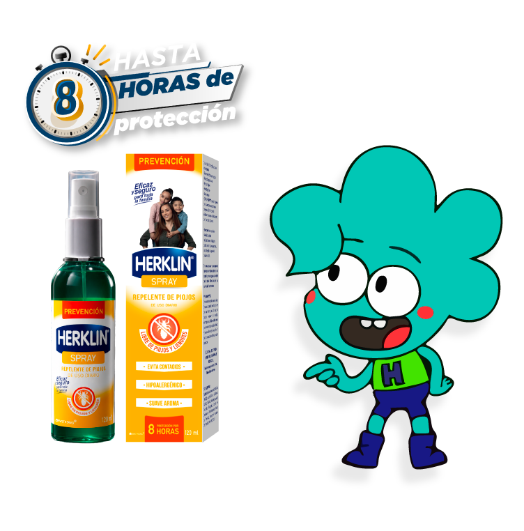 Herklin Spray Prevención con su empaque, junto a Herki y el sello de hasta 8 horas de protección.